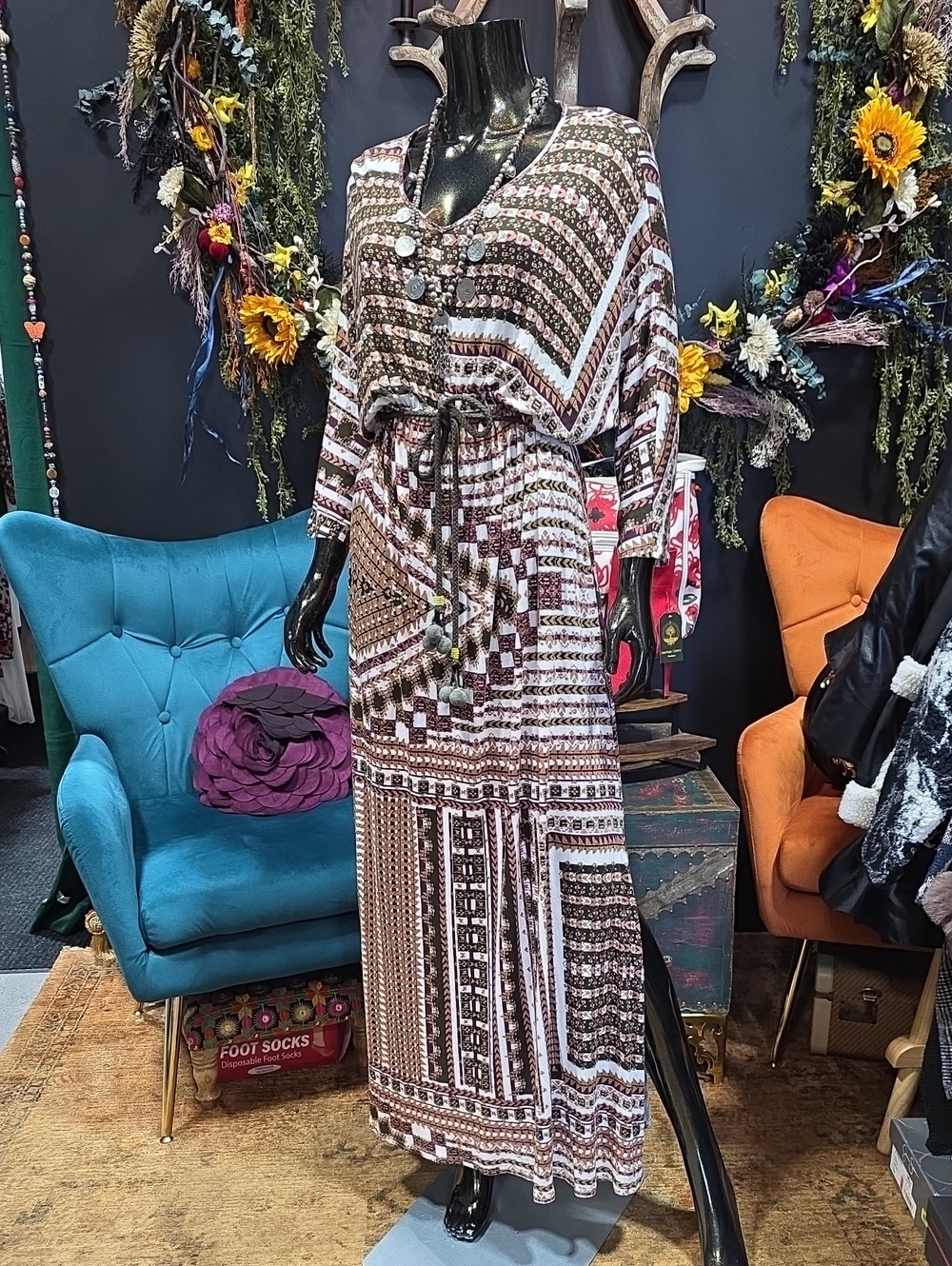 Annabelle Brown, Plum, Green & White Print Patterns Boho Maxi Dress